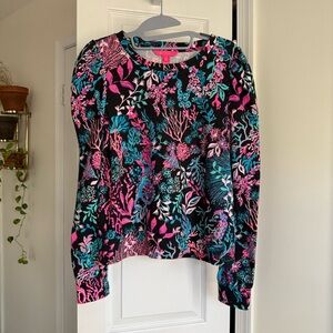 Lilly Pulitzer Jansen Puff Sleeve Sweatshirt Onyx Twilight Coral Cotton - Size S